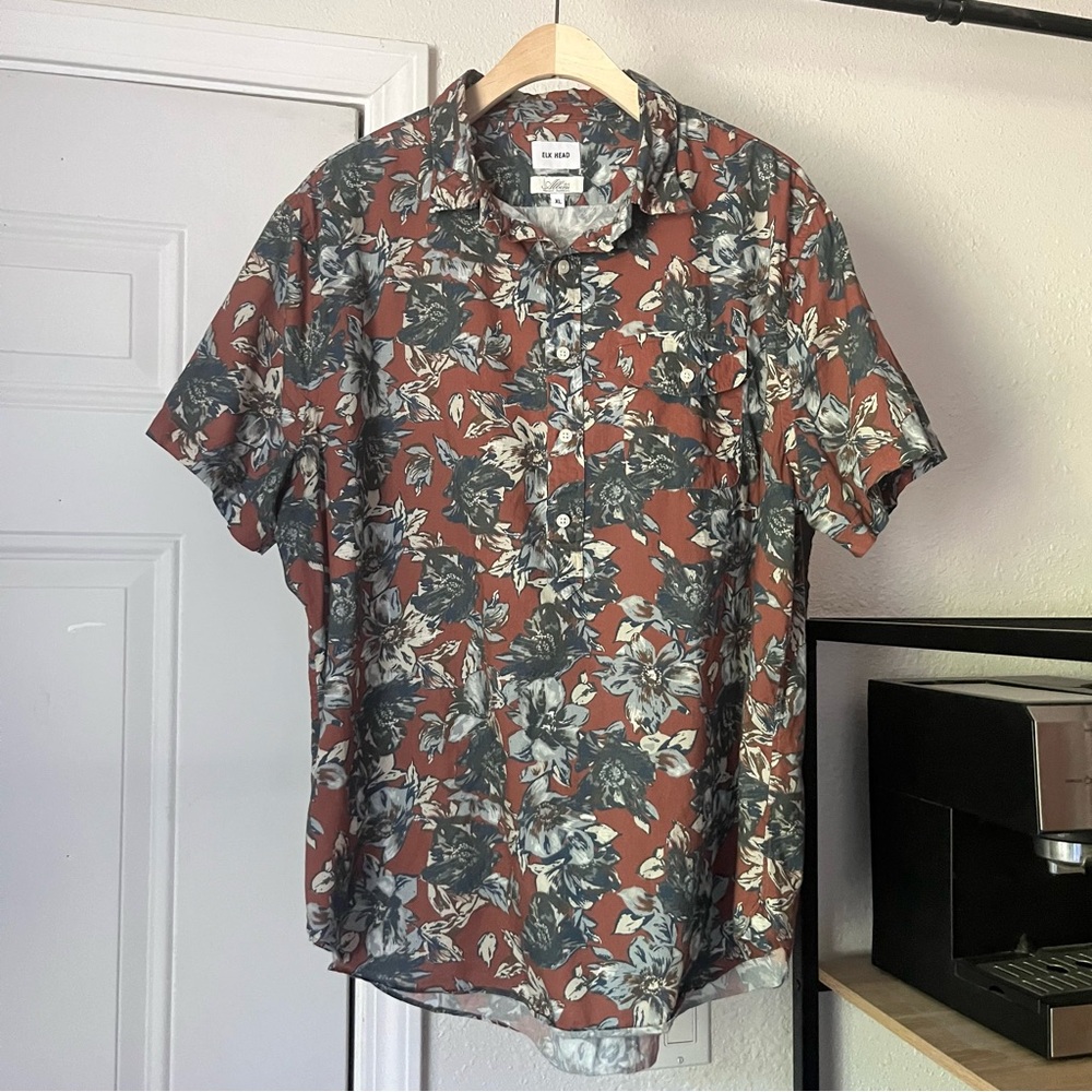 ELK HEAD burgundy brown red floral cotton popover polo‎ short sleeve shirt